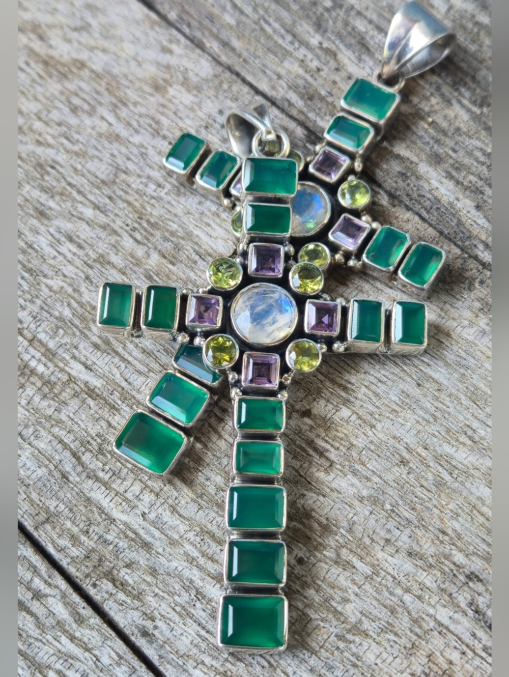 Nicky Butler Designer 925 Sterling Silver Green Chalcedony Peridot Cross Pendant